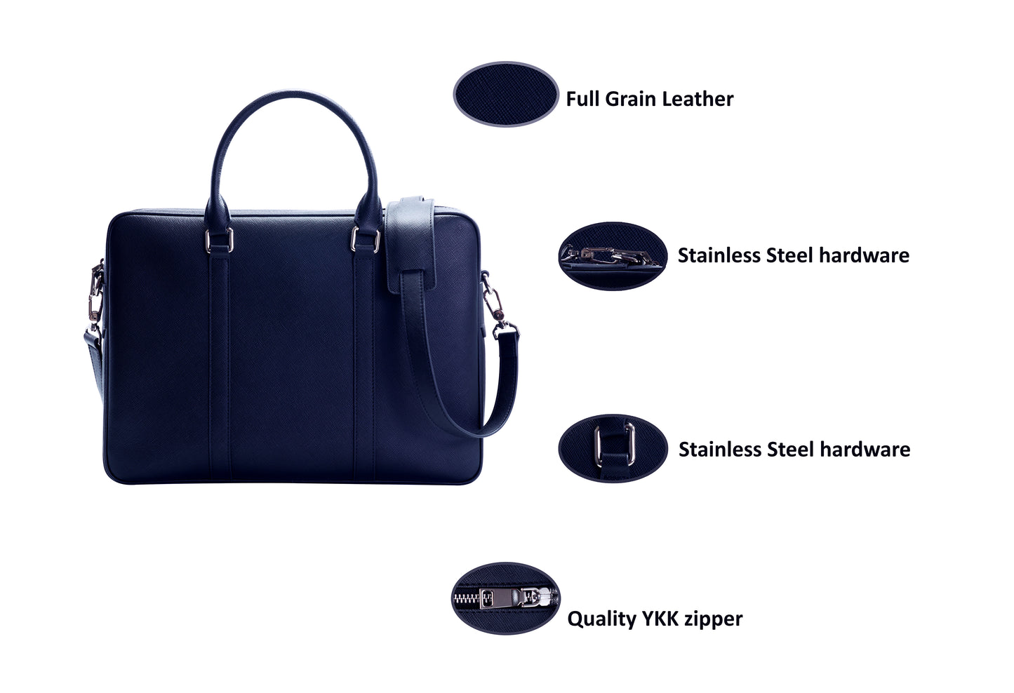 Full Grain Leather Briefcase - Navy Blue